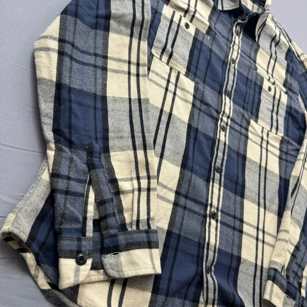 J. Crew Mid-Weight Flannel Shirt Men XLT Blue Cream Plaid Double Brushed Classic